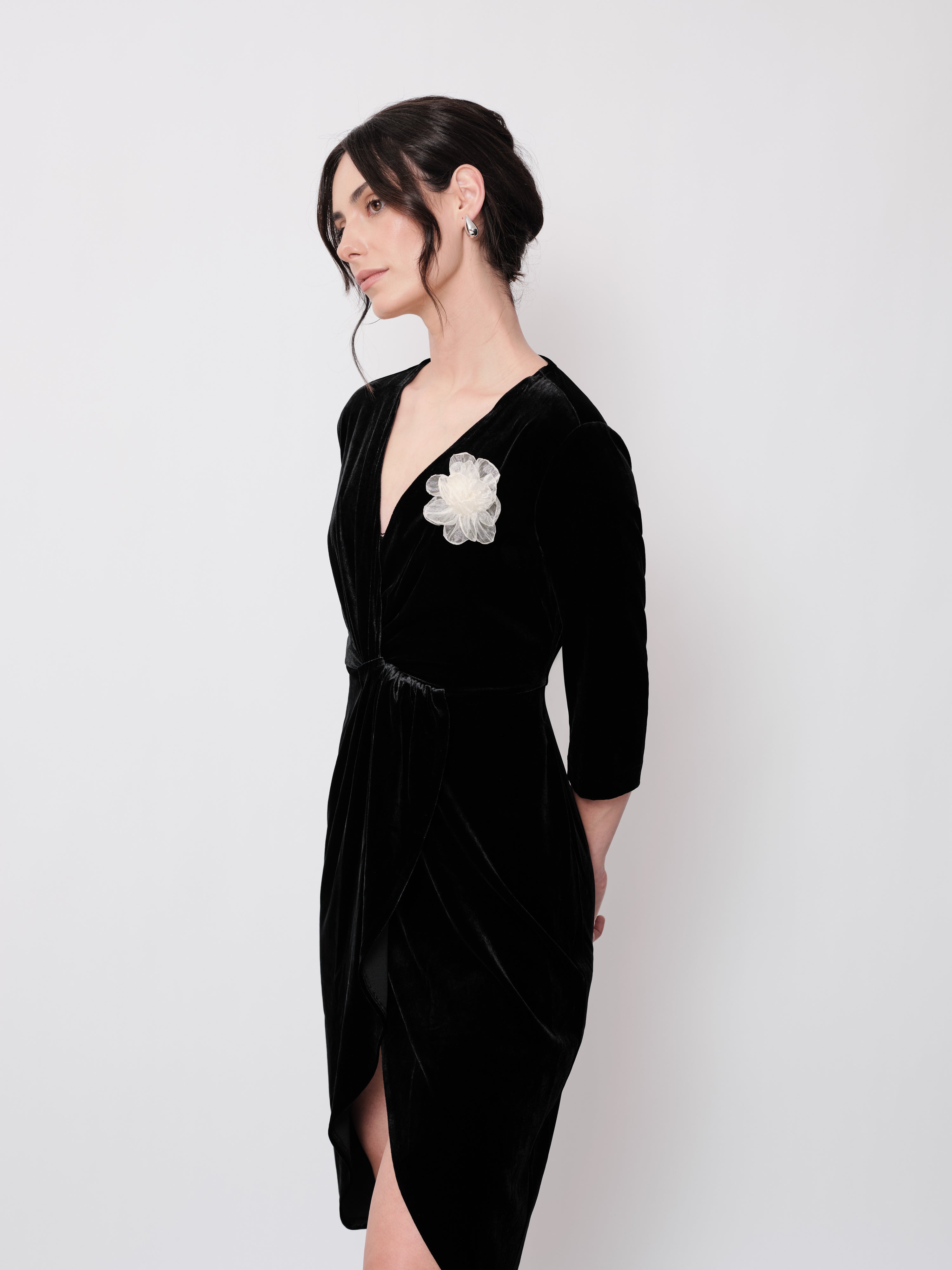 Camellia Silk Velvet Sheath Dress Black Midi