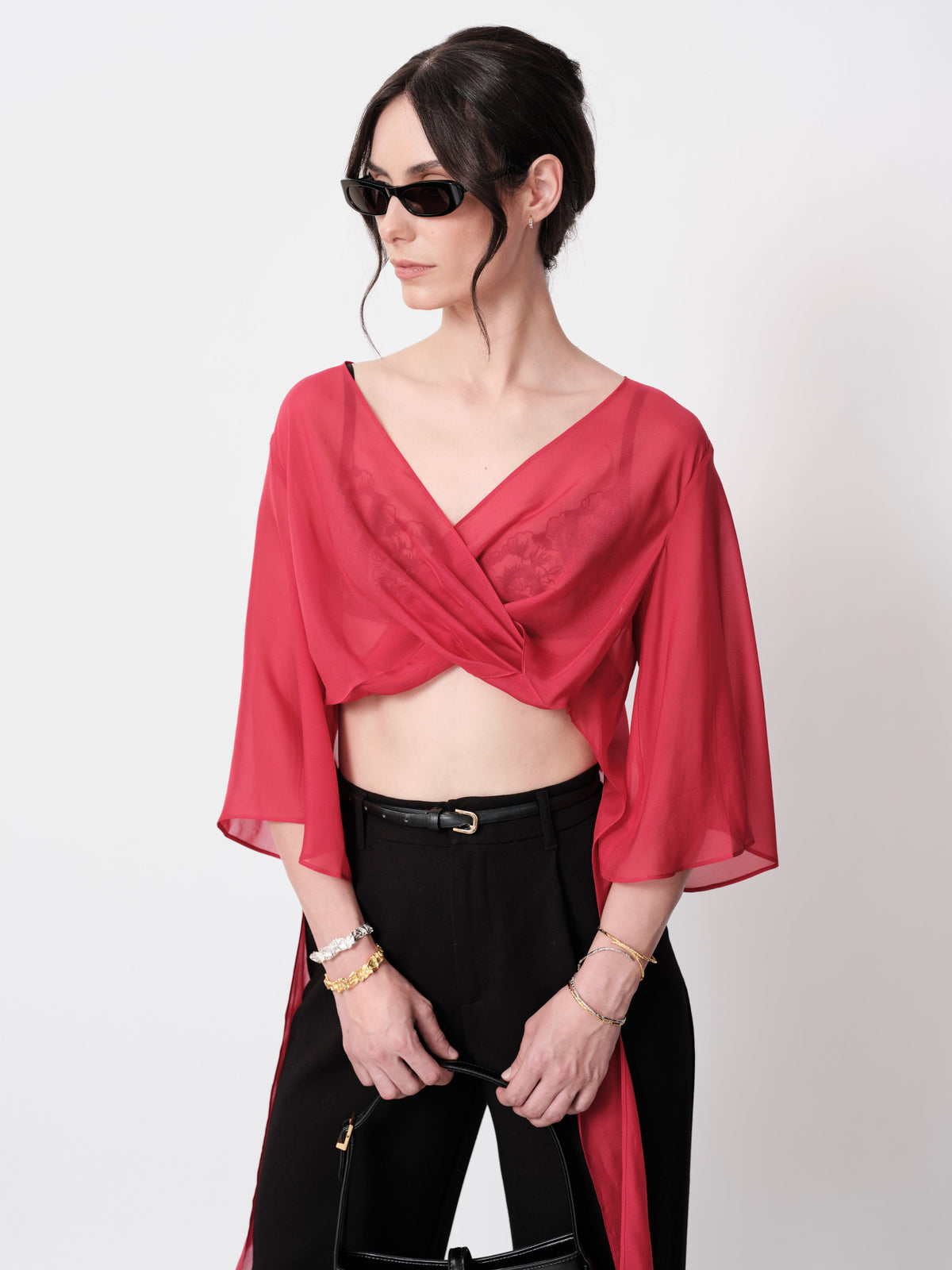 Sheer Chiffon Silk Red Crop Top