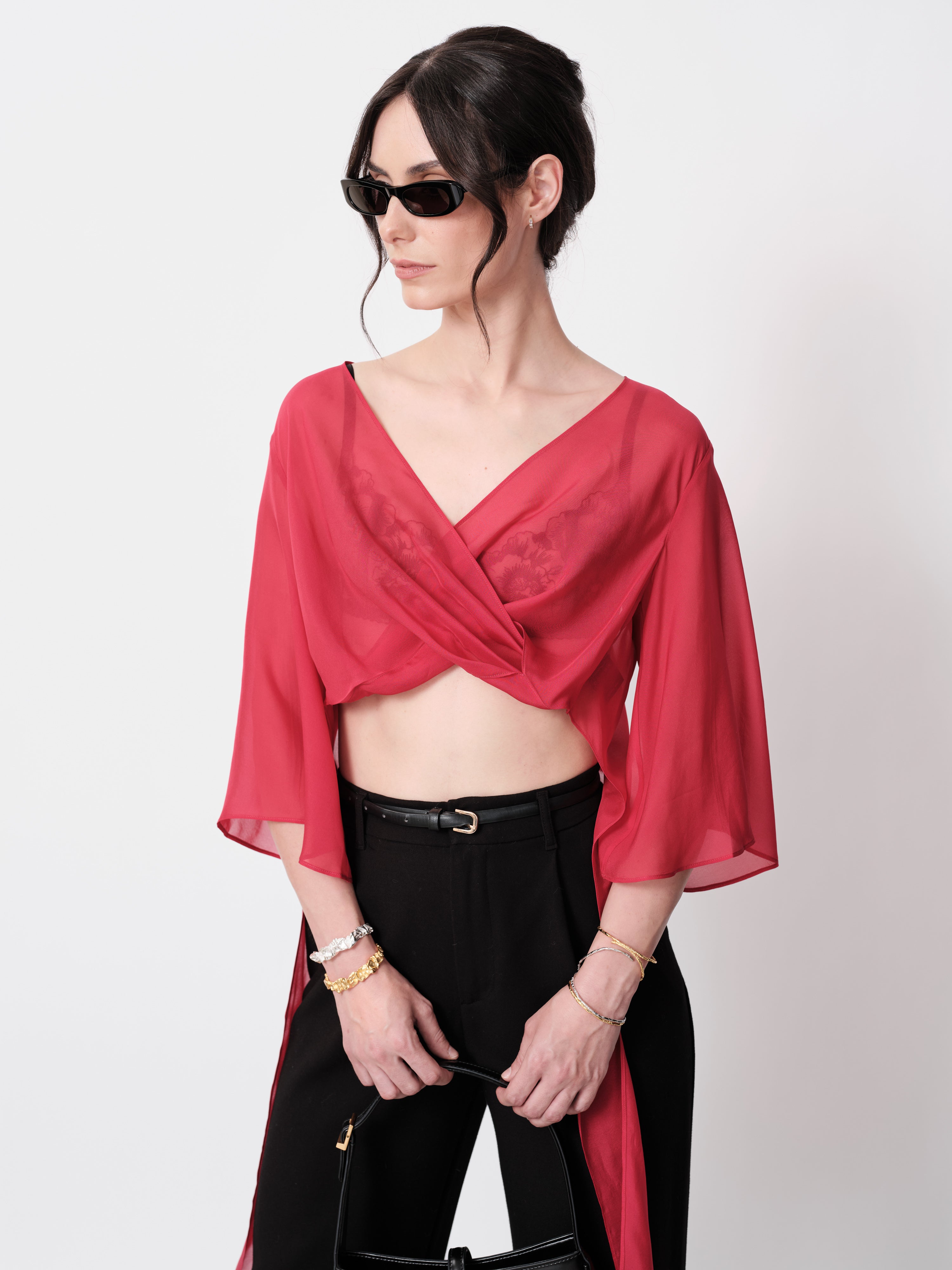 Sheer Chiffon Silk Red Crop Top