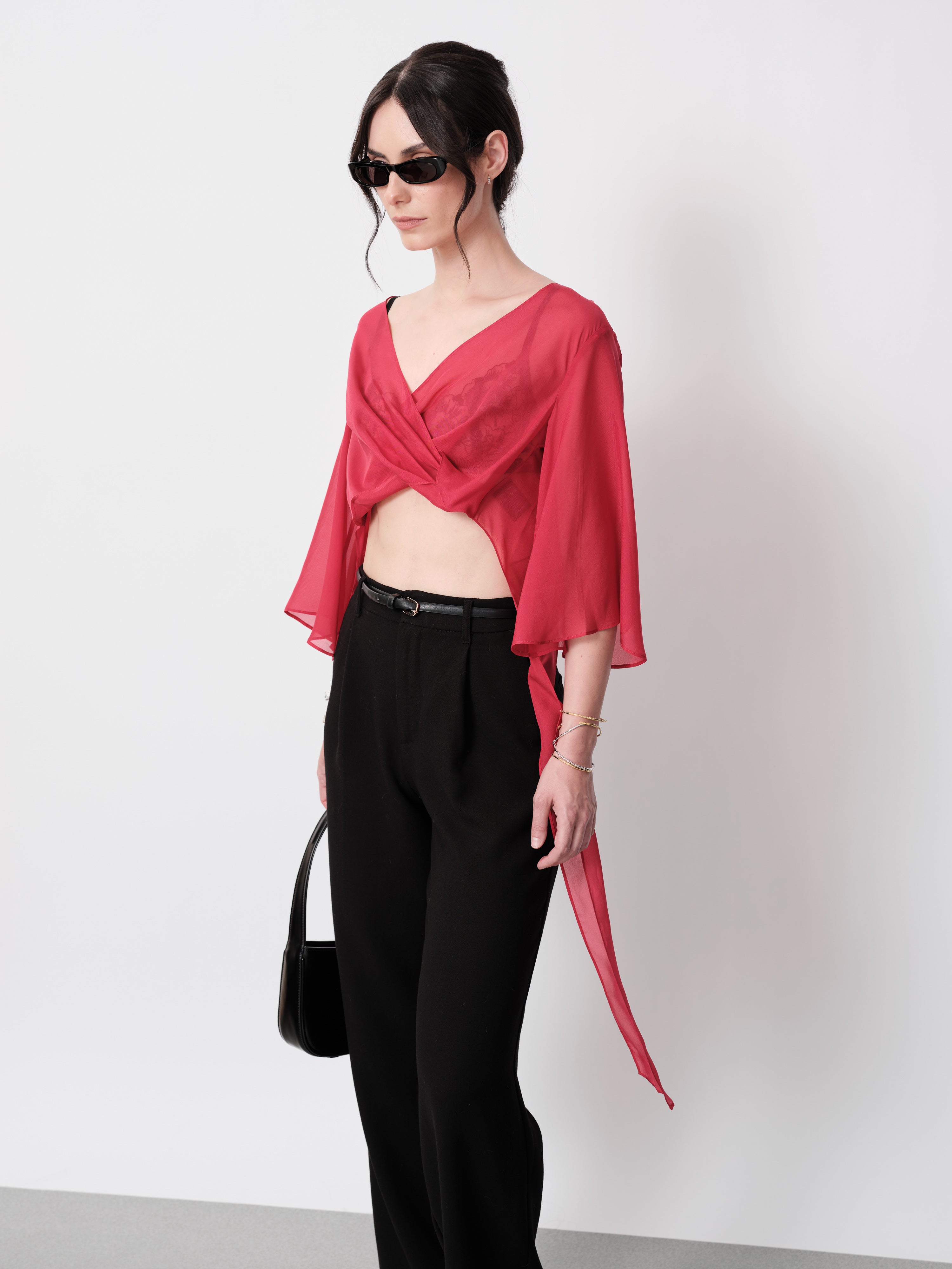 Sheer Chiffon Silk Red Crop Top